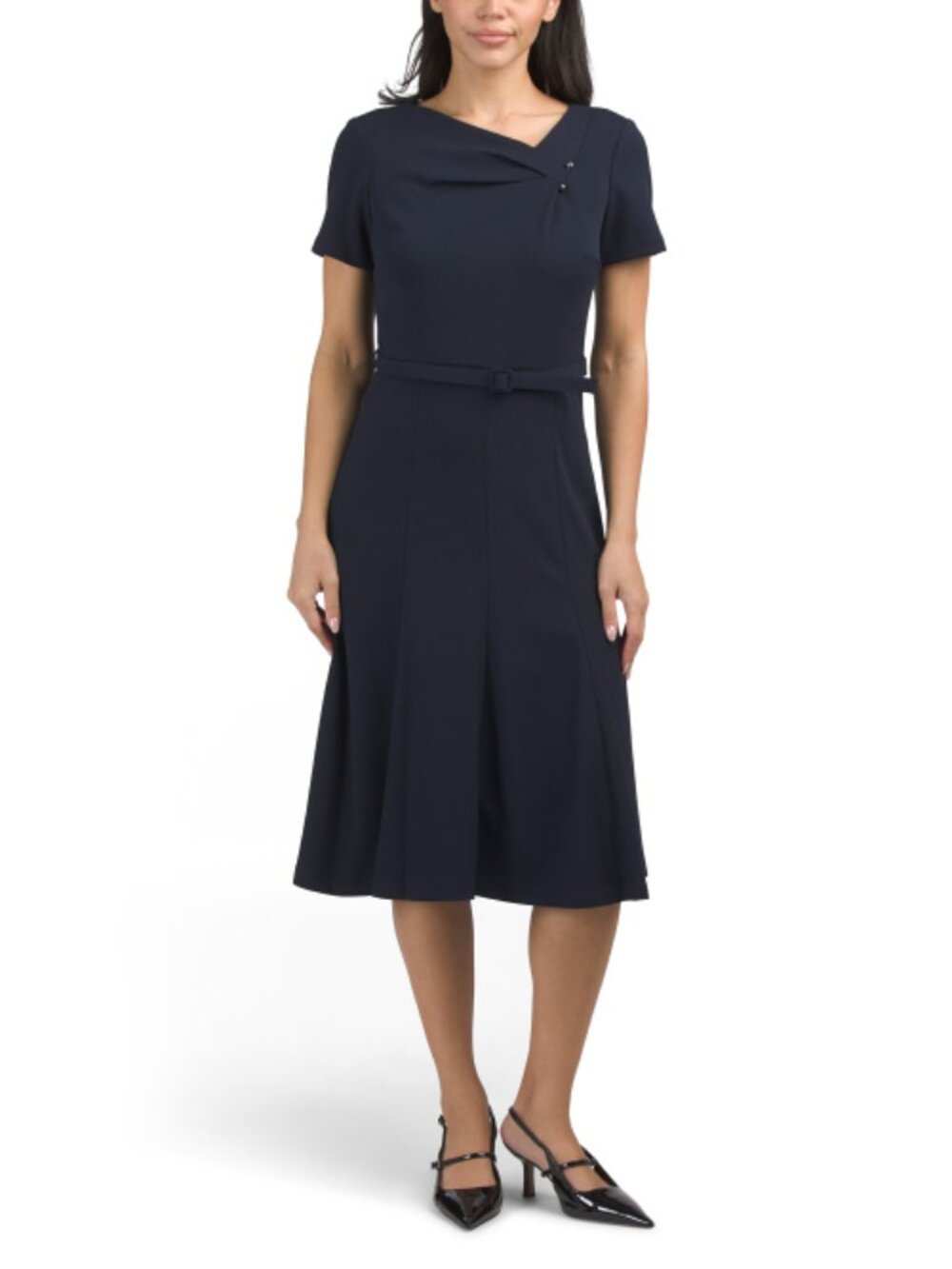 CALVIN KLEIN Belted Asymmetrical Neck Pleated Midi Dress